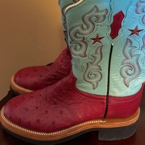 lucchese raspberry & aqua full quill ostrich boots 6.5 b